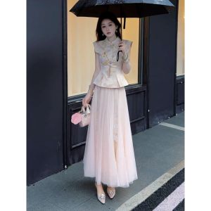 Autumn Winter Artistic Pink Dress Set Elegant High Waist Short Sleeve A-Line Skirt Casual Occasion New Chinese National Style