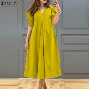 Esolo ZANZEA Women Fashion Summer V Neck Raglan Sleeve Dresses A-Line Side Pockets Pleated Holiday Midi Dress #15