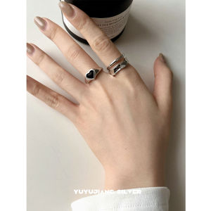 Black Heart Drop Resin Ring Double Layer Irregular Geometry Silver 925 Open Finger Ring Fashionable Jewelry Accessory