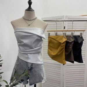 Zipper Small Fork Folded No Sleeve PU Leather Tube Top Irregular Backless Vest Spicy Girl Style Ultra Thin Winter Season