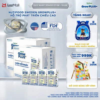 Combo 2 thùng Sữa Nước Pha Sẵn Nutifood Sweden GrowPLUS+ Cao lớn vượt trội - Hỗ trợ phát triển chiều cao - Trên 1 tuổi - 24 hộp x 110ml