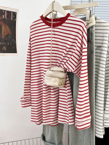 Red Striped Long Sleeve Womens T-shirt Oversized Mid-Length Base Shirt Inner Wear Design Sensation Autumn Collection