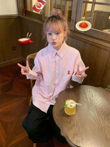 Pink Polo Neck Striped Shirt Womens Autumn Winter Loose Long Sleeve Casual Outerwear Korean Style Student Fashion