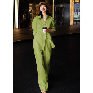 Laid-back Loose Womens Set Green Fashion Shirt Wide Leg Pants Ensemble Autumn New Arrival Comfortable Feel Polyester Fiber