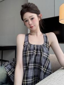 GUZILIAN | Retro Korean Plaid Neck Hanging Strap Vest Summer Hot Girl Sleeveless Top Womens Outerwear Beach Vacation Style Loose Fit