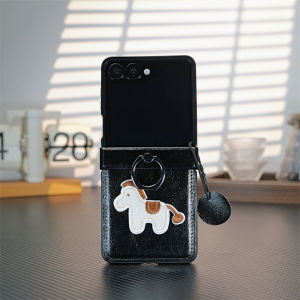 szhaiyu | For Samsung Galaxy Z Flip 8 7E 7 6 5 4 3 Leather Case with Embroidered Horse Pattern with Ring Hinge Protection Shockproof Cover