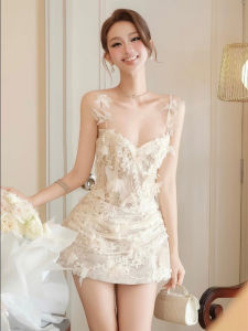 French Romantic Lace Embroidery Halter Dress