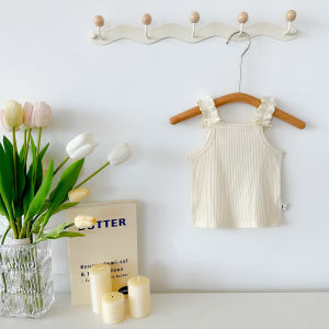 Summer Thin Sleeveless Knitted Vest for Baby Girls with Wood Grain Ruffle Strap Cute Infant Top for 3-18 Months Old Babies