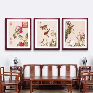 Classical Chinese Style Floral And Bird Threeway Wall Decorative Painting Living Room Dining Room Entrance Decorations