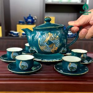Ấm Chén Bát Tràng Cao Cấp - Bộ Bình Trà Phúc Lộc Thọ Men Xanh Mallard (xanh cổ vịt)