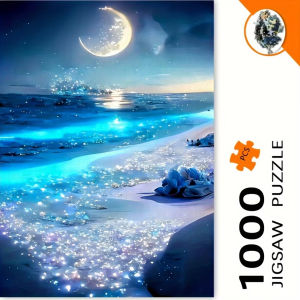 1000pcs Blue Moonlight Beach Puzzle - Starry Night Coastal Scene with Crescent Moon & Glowing Sands Challenging Adult Puzzle