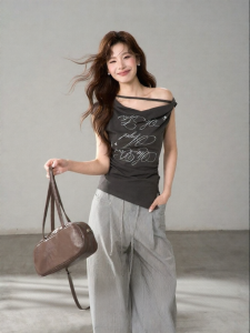 HTMEME | Letter Print Knot Shoulder T-Shirt Slim Fitting