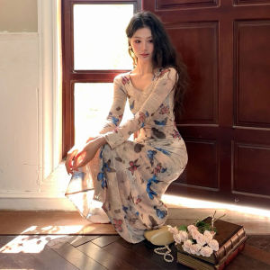 CHANGTONG | Vintage French Style Floral Printed Bodycon Midi Dress