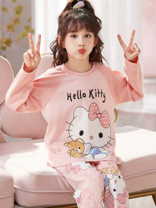 Pure Cotton Long Sleeve round Neck Sleepwear Set for Girls Home Clothes Set Kitty Cat Design Comfortable Spring Autumn Kids Home Clothes