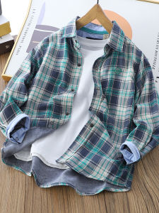 Boys Plaid Shirt Pure Cotton Double Layered Spring Autumn Long Sleeve Childrens Top Fashionable Casual Shirt for Kids