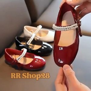 Sepatu Anak Perempuan Model Tali Mutiara Pita Pinggir Umur 1-10 Tahun Bahan Glosy Mewah / Sepatu Slip On Anak Terlaris