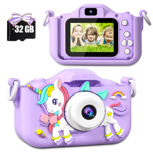 Purple Unicorn Kids Digital Camera 1080P HD Toy Cameras With 2-Inch IPS Screen 32GB Card for Girls Birthday Christmas Gift