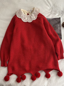 Girls Knitted Sweater Red New Years Clothes Warm Winter Fashion Baby Clothes Childrens Long Sleeve round Neck Pure Color Knitwear