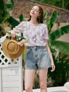 XIANGYING | French Style Floral Print Chiffon Blouse Purple