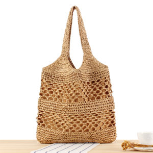 Fashionable Hollow out Paper Rope Woven Shoulder Bag Large Capacity Casual Commuter Bag Double Straps Zipper Closure Soft Polyester Lining