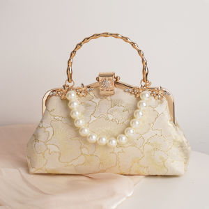Retro Style Chinese New Medium Square Handbag Womens Qipao Matching Bag Soft Fabric Material Pearl Accessory Daily Use