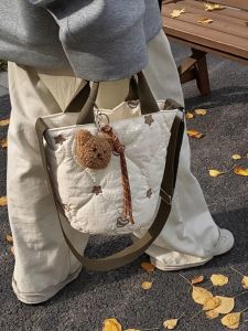 2024 Autumn Winter Large Capacity Embroidered Bear Bucket Bag Commuter Tote Bag Single Shoulder Slant Cross Bag Soft Handle