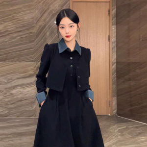 ชุดเดรสสีดำสั้นสไตล์ฮิปซี ทรงเอ กระโปรงยาวคลุมเข่า แขนยาว คอโปโล ทรงหลวม ทรงเข้ารูป สำหรับผู้หญิง ฤดูใบไม้ร่วง 2024