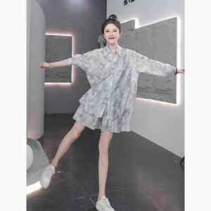 Áo Sơ Mi Dài Tay Rộng Rãi in Mực Nước Mùa Hè 2025 Áo Khoác Ngoài Nữ Phong Cách Hàn Quốc Mỏng Quần Short Thể Thao Cạp Rộng Mới