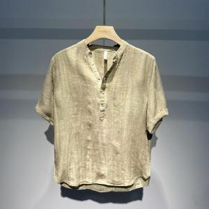 New 2025 Summer Mens Loose Fit Pure Linen Shirt V-Neck Short Sleeve Breathable Casual Fashion Youth Popular Chinese Style