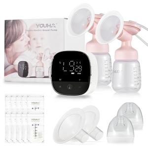 YOUHA A3 Double Electric Breast Pump for Breastfeeding Hands Free Breast Pump 3 Modes & 10 Suction Levels Low Noise Anti-Backflow Mirror LED Display Touch Control with 210ml Milk Bottles + 2 Sizes(24mm & 21mm) Flanges + 10pcs Milk Storage Bags