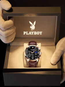 นาฬิกาข้อมือชาย Playboy แบบ Quartz ใหม่ 2025 นาฬิกาข้อมือชายแบบมีสายเดี่ยว หนังแท้ น้ำได้ 30 เมตร แฟชั่น ฤดูร้อน 2024