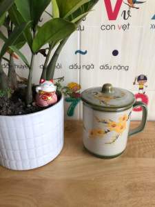 Ly sứ quay có nắp đậy 300ml cỏ xanh hoạ tiết Mai Vàng Đón Xuân