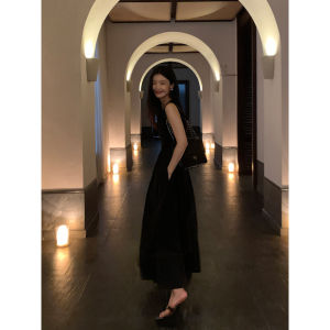 Pusumede Black Vest Dress Womens Summer High Waist Slimming Midi Dress Elegant Style Comfortable Material City Commute