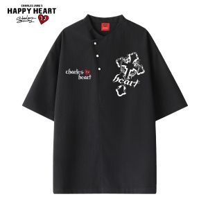 CHARLES JANGS HAPPY HEART | Cross Design and Diagonal Button Closure Loose Short Sleeve T-Shirt