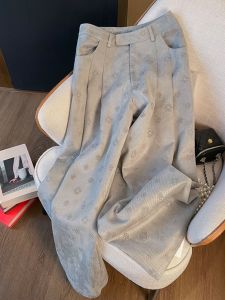 Elegant Embroidered Floral Pressed Pleat Suit Pants High Waist Loose Wide Leg Trousers Retro Style Spring Collection Womens Fashion