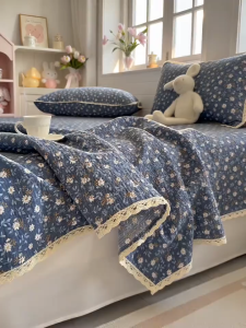 Soft Cotton Floral Puff Yarn Hollow Blue Floral Breathable Lace Bedding Set Bed Sheet Home Bedding