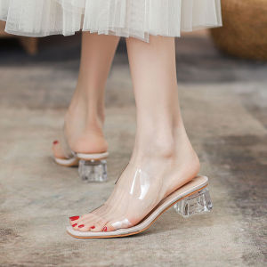 Transparent Crystal Heel Sandals Womens Summer Fashion Outdoor Slippers High Heels Ladies Slip-On Sandals Korean Style Low Cut