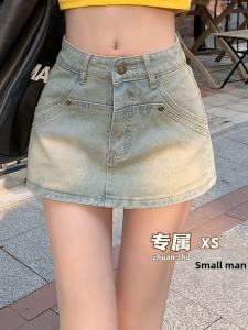 Washed Vintage เดนิม Mini กระโปรง ผู้หญิง สูง เอว พรางหุ่น กระโปรงสั้น ฤดูร้อน สไตล์ใหม่ สีน้ําเงิน กางเกงยีนส์ ทนต่อการสึกหรอ Half Body