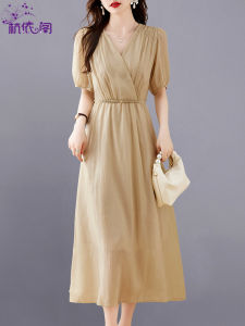 Elegant V-Neck Long Summer Dress Womens Fashionable High Waist A-Line Skirt Gown with Belt Bubble Sleeve Pure Color Dress