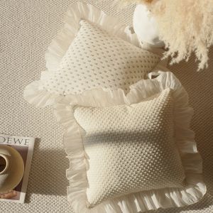45x45cm Cream White Mesh Ruffle Edge Pillowcase French Sweet Girls Room Sofa Cushion Cover Light Luxury Floral Jacquard Home Decor