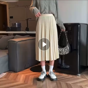 AN-763 Pleated Skirts Casual Midi Skirts For Women Glitter 80CM Length A-Line Elastic Waist Garter Waistline High Waist
