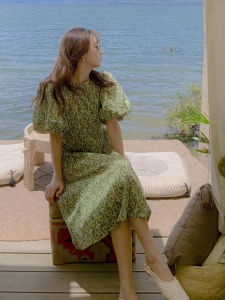 French Vintage Green Floral Print Dress Womens Summer New Sweet Forest Girl Style Long Bubble Sleeve A-Line Midi Dress