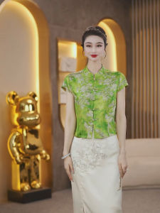 Áo Sơ Mi Nữ Tay Ngắn Mùa Hè 2025 Thời Trang Mới Phong Cách Trung Hoa Cổ Đứng Nút Thắt Họa Tiết in Họa Tiết Hoa