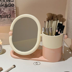 Rotatable Desktop Makeup Mirror with Brush Storage Cylinder Pink Girl Style Korean Fashion Cosmetic Mirror for Female Students