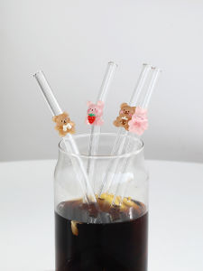 4/6PCS Cartoon Rabbit/bear Glass Straw Transparent Bendable Drinkware for Smoothie & Cocktail Reusable Party Supply.