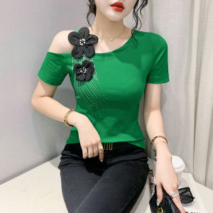 YIMEI Ý Nghĩa Thiết Kế 3D Hoa Hở Vai T-Shirt Của Phụ Nữ Cộc Tay Mới Mùa Hè Cotton Áo Đỏ Thời Trang Và Xinh Đẹp Của Phụ Nữ T-Shirt