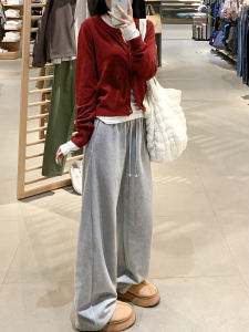 Gray Fleece Lined Thickened Straight Leg Sports Pants Womens High Waist Wide Leg Casual Trousers Draped Loose Fit Autumn Winter