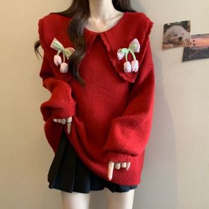 Red Knitted Sweater Doll Collar Shoulder Length Midi Winter Womens Fashion plus Size Christmas Theme Casual Commute Style
