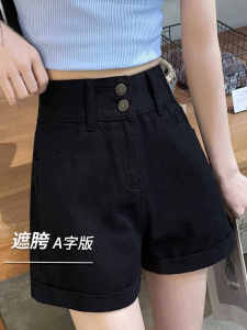 Double Buckle High Waist Black Denim Shorts Women's Pear-Shaped Figure Loose Slim Looking Curling A-line Style Wide Leg Hot Pants