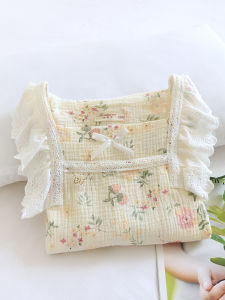 Sweet Style Pure Cotton Summer Thin Gauze Sleep Dress Girls Cute Little Rabbit Long Sleeve Overhead Cotton Home Skirt Dress